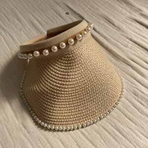 Beige Straw Visor with Pearl Trim